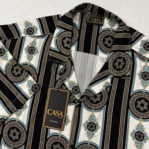 Casa Moda Shirt Men 3XLT‎ Teal Gold SS Button Up Rayon Luxury Baroque Pattern